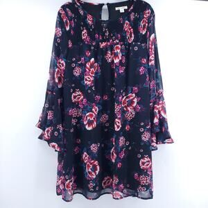 Mi ami Womens Floral Mini Dress Sheer Overlay Lined Sheer Long Bell Sleeve| S